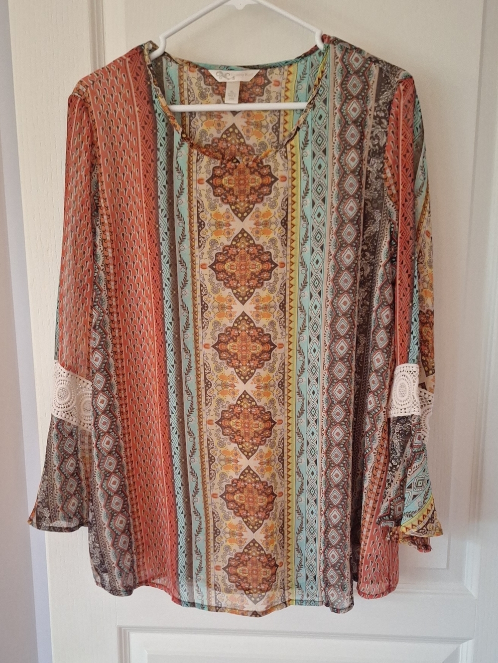 Striped Boho Tunic in Coral, Teal, Yellow & Brown